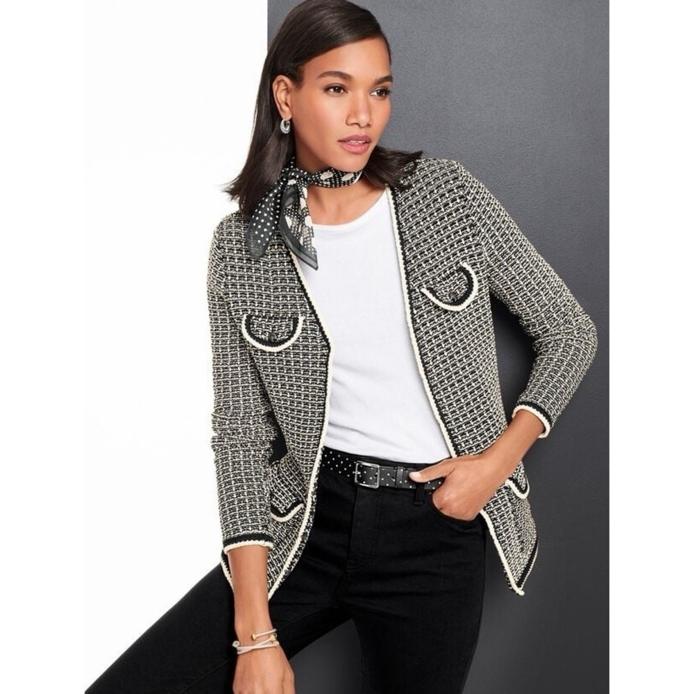 Talbots Women's‎ Tipped Tweed Sweater Blazer Jacket Size XS Black White NWT